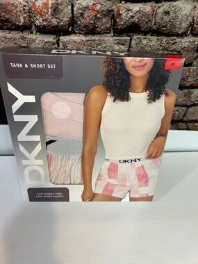 DKNY Pink & White Ribbed Tank and Striped Short Sleep Set